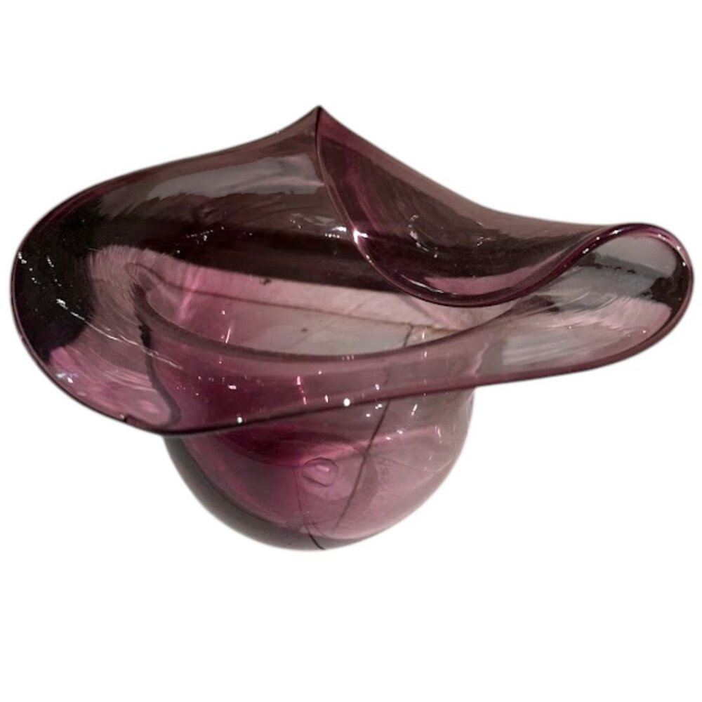 Vintage Purple Hand Blown Art Glass Bowl - Curved Lip - Artist Signed